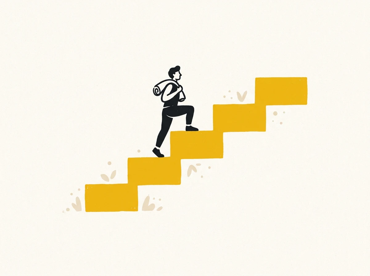 Illustration of a coach climbing rising steps — earnings growing month by month